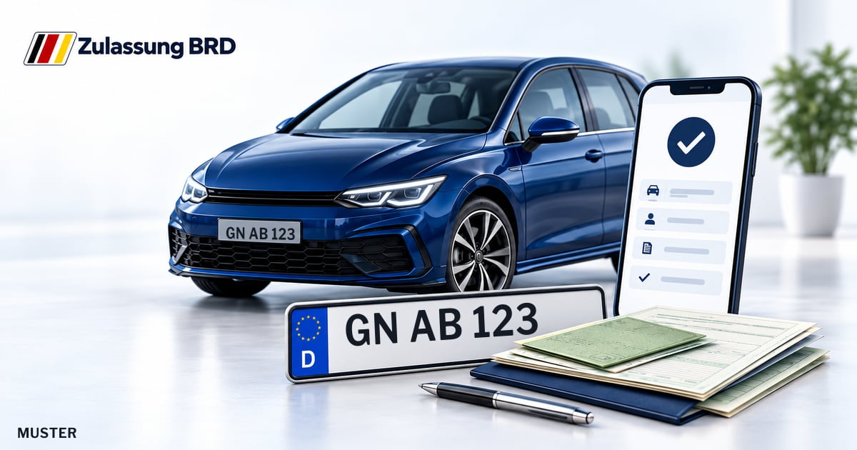 Online Fahrzeugzulassung in Wächtersbach: Musterkennzeichen GN AB 123, Auto und Fahrzeugpapiere und Smartphone. Illustration mit Logo von Zulassung BRD.